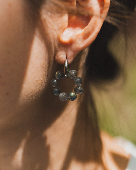 Close-up of an ear wearing a hoop earring with green gemstones, blurred background