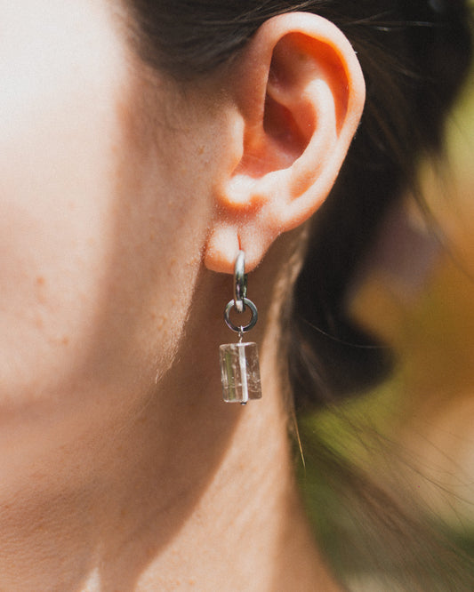 Close-up of an ear wearing a silver earring with a small pendant.