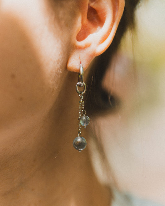 Close-up of an ear wearing a dangling earring with a blurred background